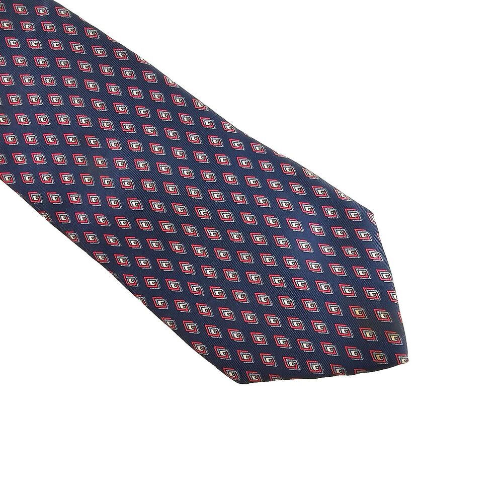 Christian Dior Monsieur Mens Silk Tie Navy Red Geometric Logo Necktie Vintage